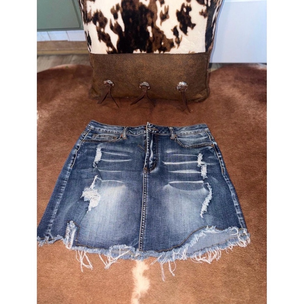 Distressed Blue Denim Mini Skirt - Womens